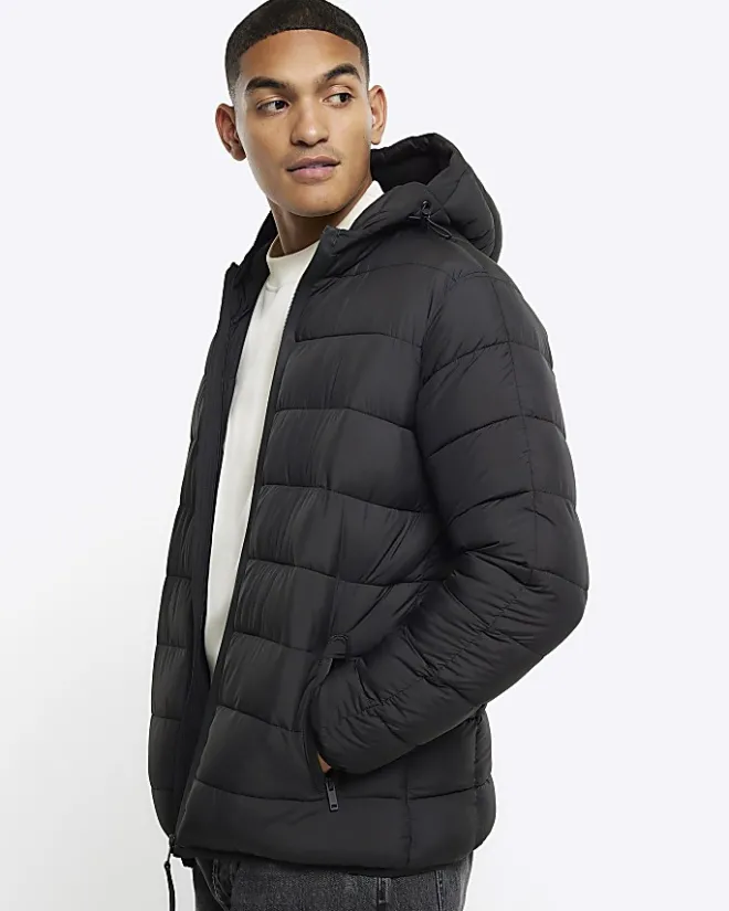 River Island regular hooded quilted puffer jacket Black Discount