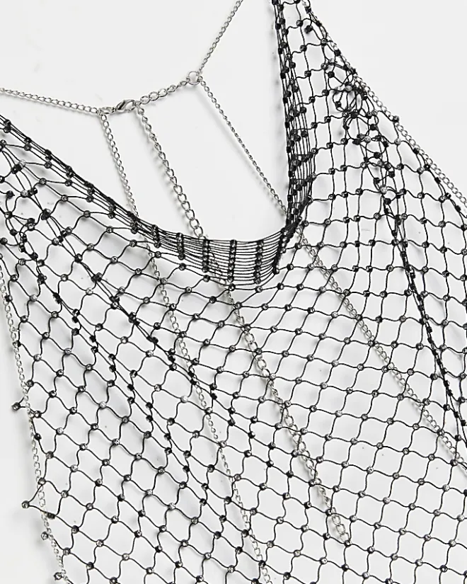 River Island Rhinestone Net Bodychain Black Clearance