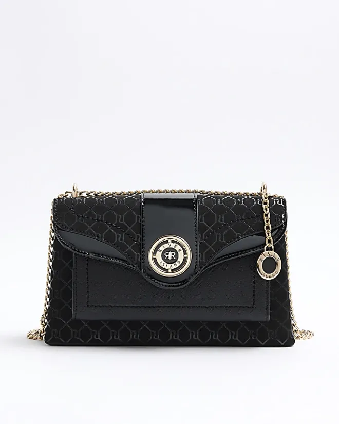 River Island RI monogram chain shoulder bag Black Fashion