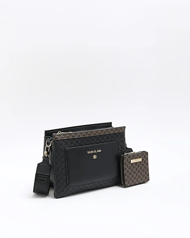 River Island RI monogram pouch cross body bag Black Discount