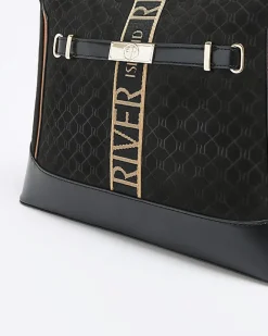 River Island RI monogram webbing shoulder bag Black Clearance