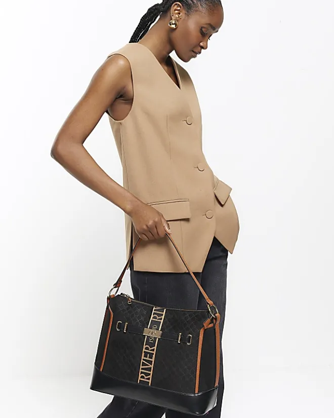 River Island RI monogram webbing shoulder bag Black Clearance
