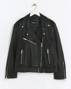 River Island RI Studio leather biker jacket Black New