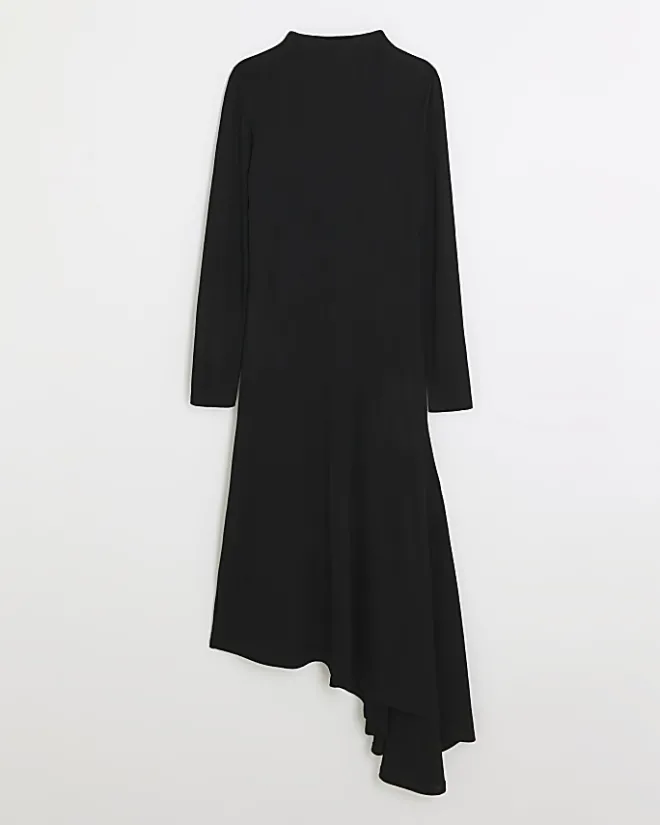 River Island rib asymmetric bodycon midi dress Black New