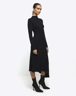 River Island rib asymmetric bodycon midi dress Black New