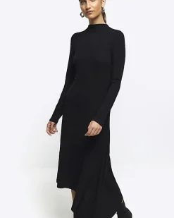 River Island rib asymmetric bodycon midi dress Black New