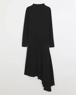 River Island rib asymmetric bodycon midi dress Black New