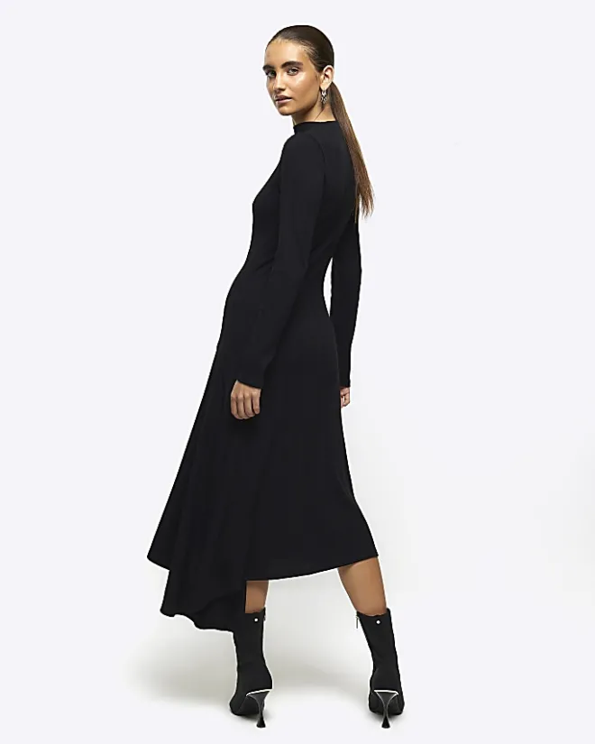 River Island rib asymmetric bodycon midi dress Black New
