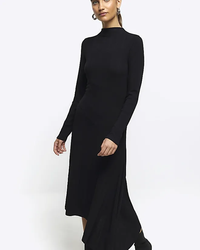River Island rib asymmetric bodycon midi dress Black New