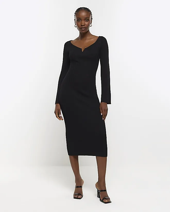 River Island rib long sleeve bodycon midi dress Black Fashion