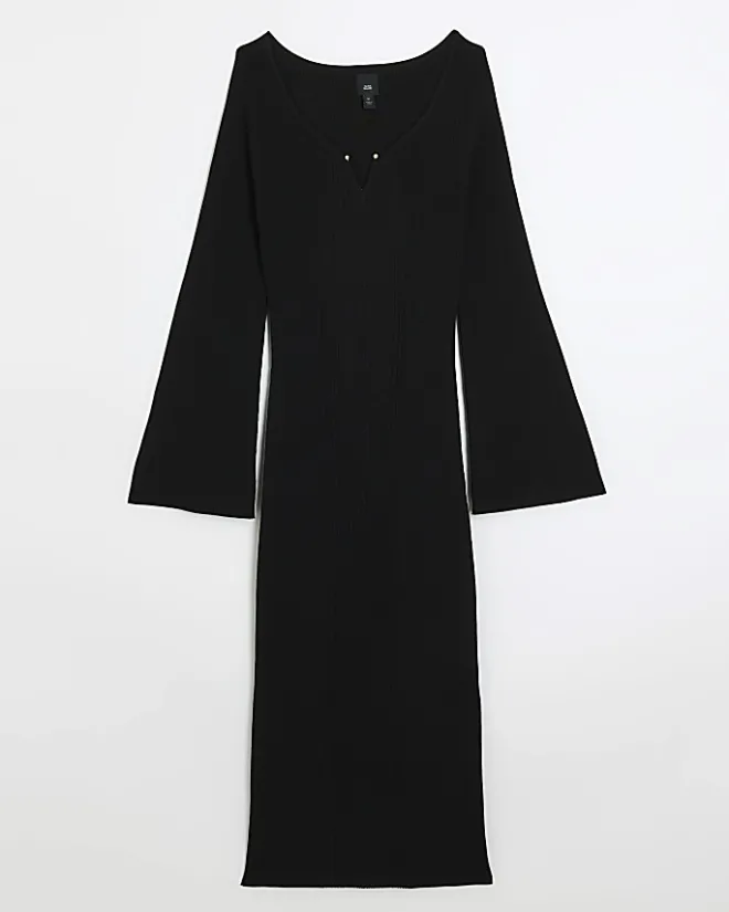 River Island rib long sleeve bodycon midi dress Black Fashion