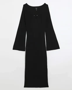 River Island rib long sleeve bodycon midi dress Black Fashion