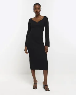 River Island rib long sleeve bodycon midi dress Black Fashion