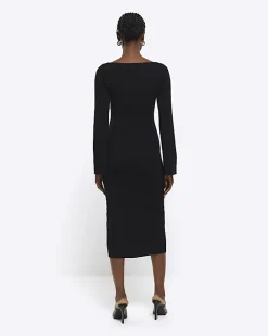 River Island rib long sleeve bodycon midi dress Black Fashion