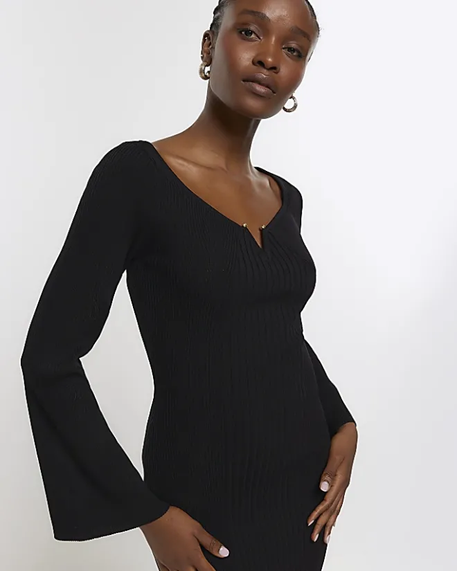River Island rib long sleeve bodycon midi dress Black Fashion