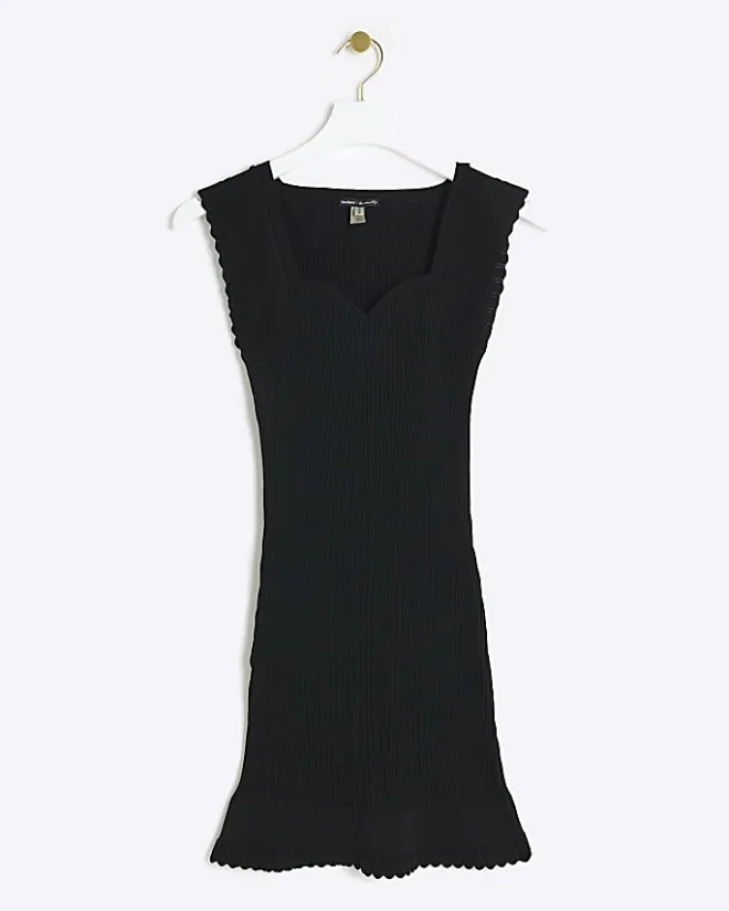 River Island rib peplum hem bodycon mini dress Black Outlet