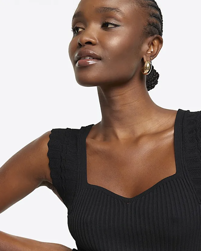 River Island rib peplum hem bodycon mini dress Black Outlet