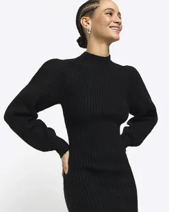 River Island rib puff sleeve jumper mini dress Black Outlet