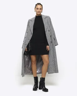 River Island rib puff sleeve jumper mini dress Black Outlet