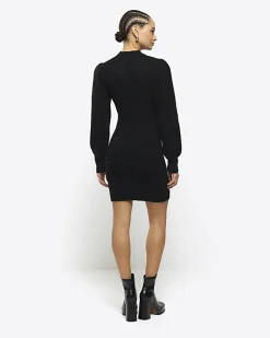 River Island rib puff sleeve jumper mini dress Black Outlet