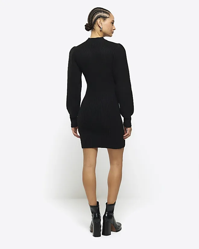 River Island rib puff sleeve jumper mini dress Black Outlet
