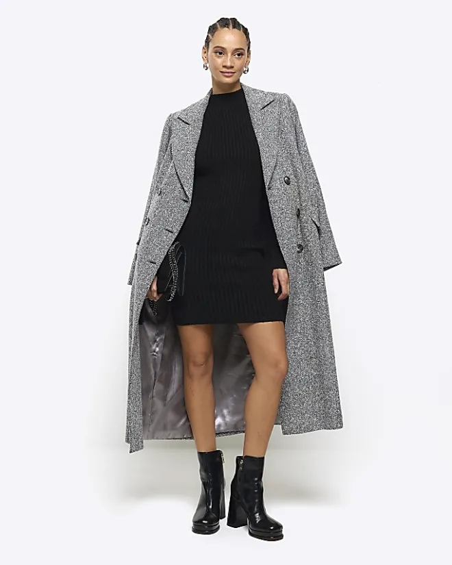 River Island rib puff sleeve jumper mini dress Black Outlet