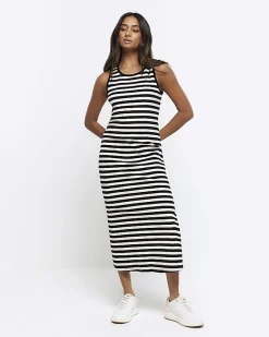 River Island rib stripe bodycon midi dress Black Clearance
