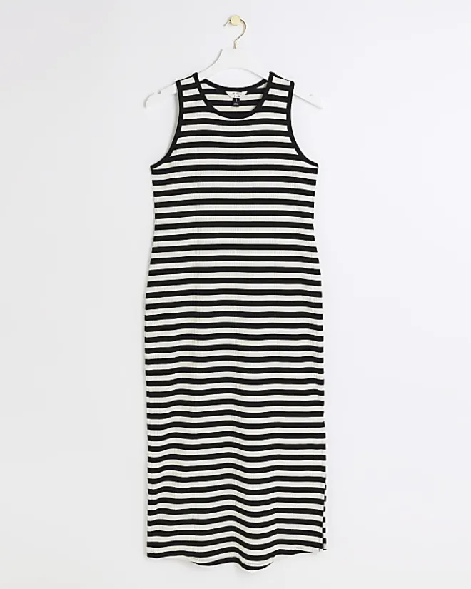 River Island rib stripe bodycon midi dress Black Clearance