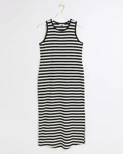 River Island rib stripe bodycon midi dress Black Clearance
