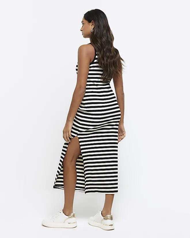 River Island rib stripe bodycon midi dress Black Clearance
