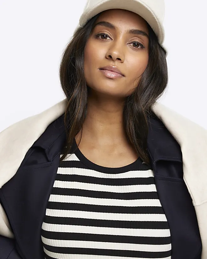 River Island rib stripe bodycon midi dress Black Clearance