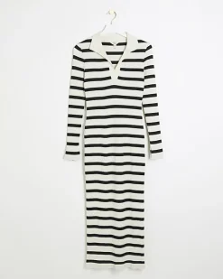 River Island rib stripe collared bodycon maxi dress Black Discount