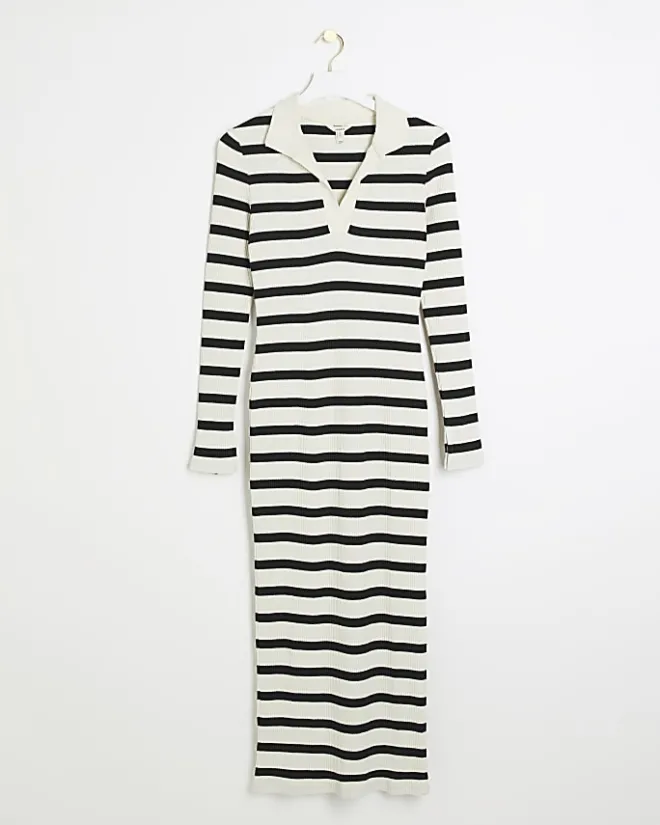 River Island rib stripe collared bodycon maxi dress Black Discount