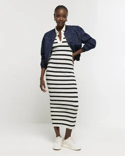 River Island rib stripe collared bodycon maxi dress Black Discount
