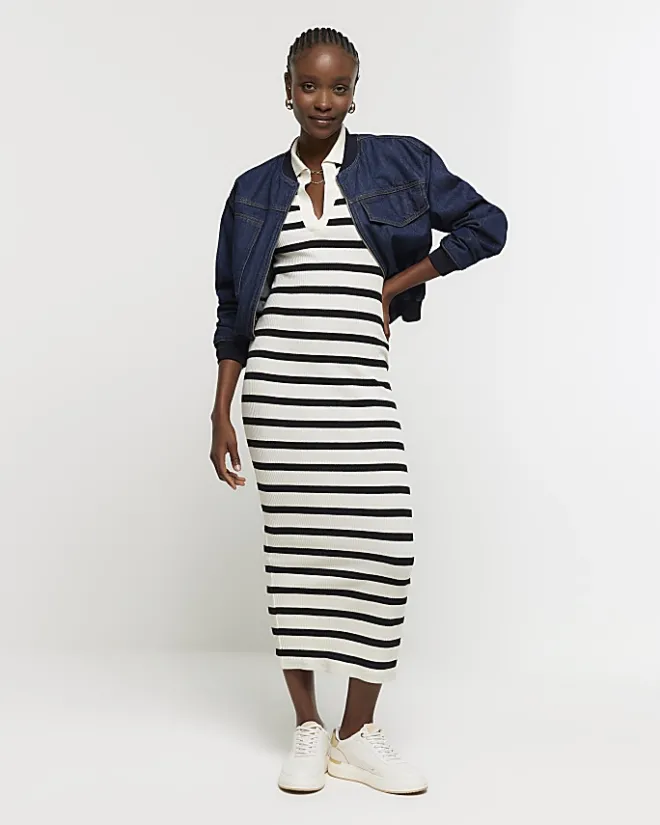 River Island rib stripe collared bodycon maxi dress Black Discount
