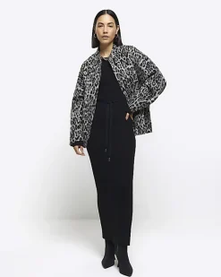 River Island rib tie waist jumper maxi dress Black Outlet