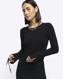 River Island rib tie waist jumper maxi dress Black Outlet