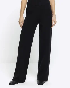 River Island rib wide leg trousers Black New
