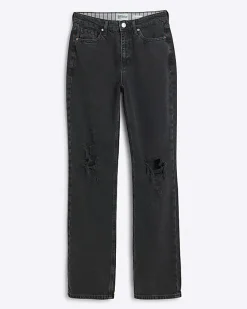 River Island ripped high waist stove straight jeans Black Online