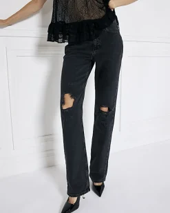 River Island ripped high waist stove straight jeans Black Online