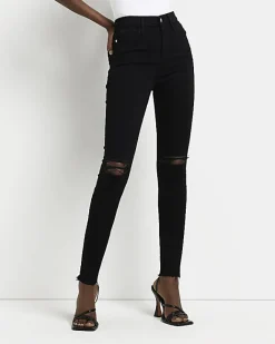 River Island ripped high waisted skinny jeans Black Clearance