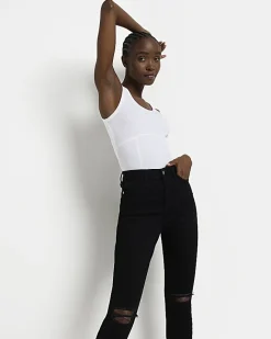 River Island ripped high waisted skinny jeans Black Clearance