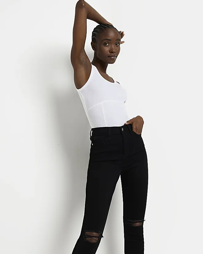 River Island ripped high waisted skinny jeans Black Clearance