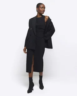 River Island ruched split bodycon midi dress Black Clearance