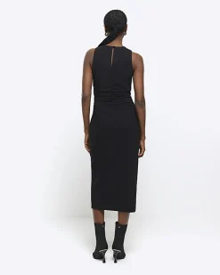 River Island ruched split bodycon midi dress Black Clearance