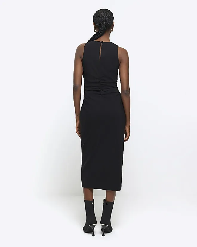 River Island ruched split bodycon midi dress Black Clearance