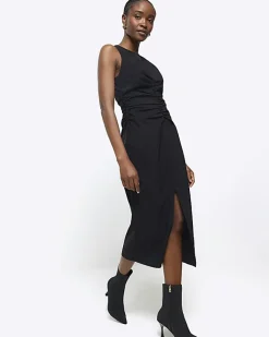 River Island ruched split bodycon midi dress Black Clearance