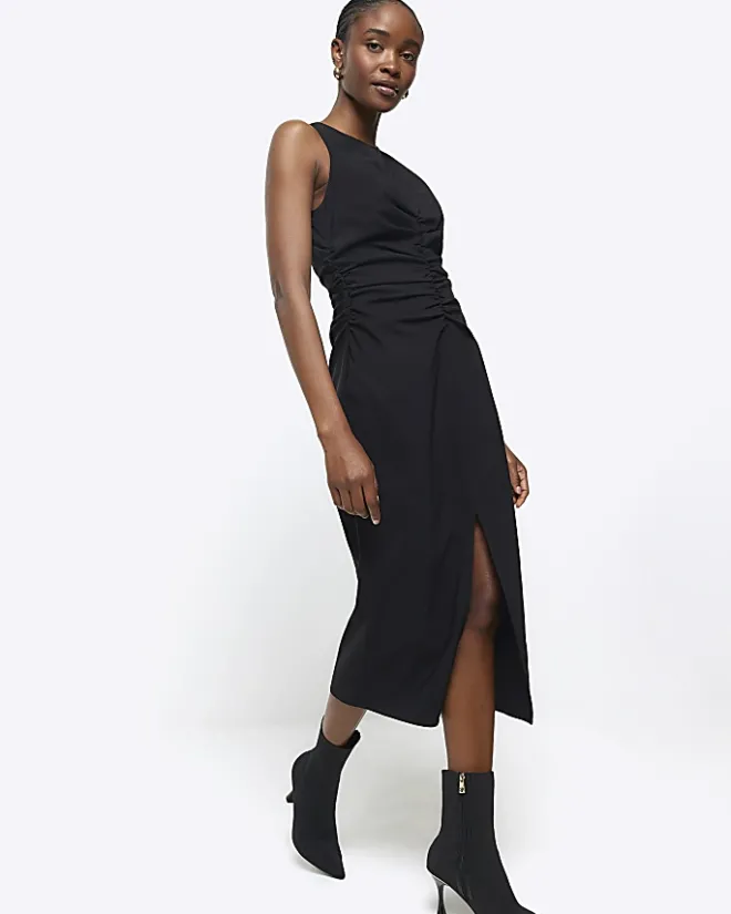 River Island ruched split bodycon midi dress Black Clearance