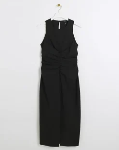 River Island ruched split bodycon midi dress Black Clearance