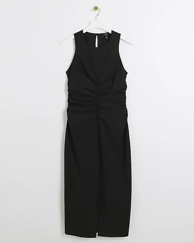 River Island ruched split bodycon midi dress Black Clearance